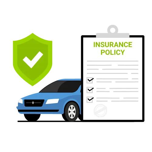 Illustration of a blue car beside an insurance policy clipboard and a green shield with a checkmark