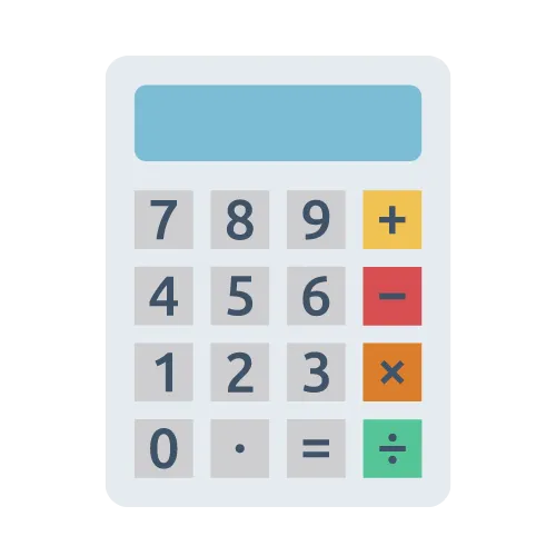 Flat illustration of a calculator with number keys and colored operation keys