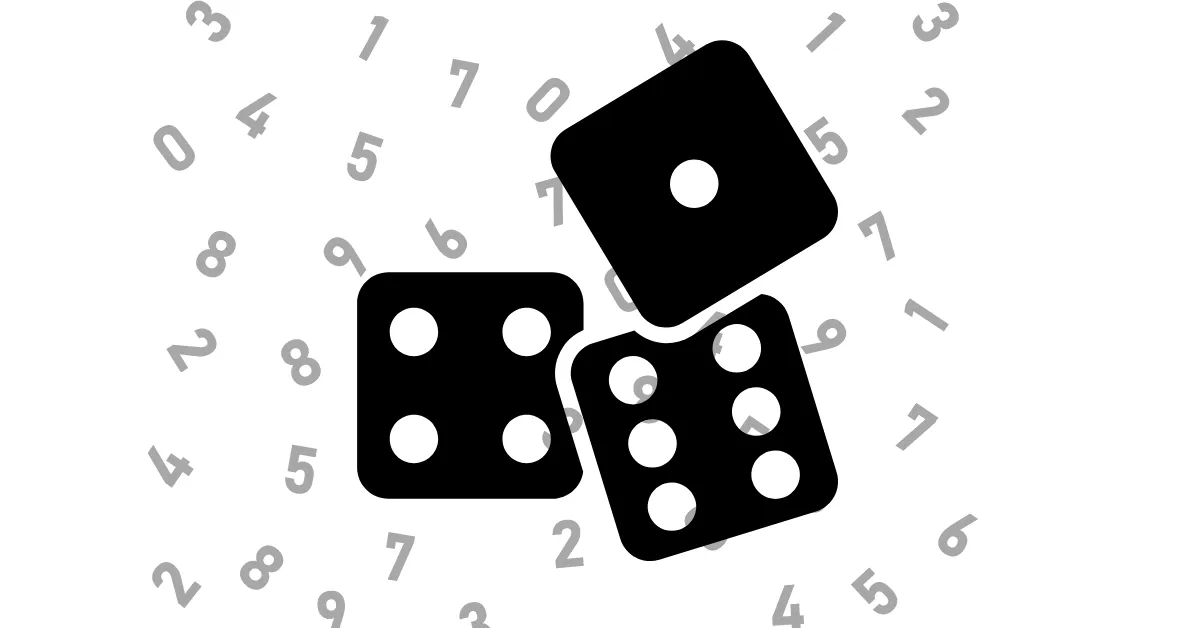 Two black dice surrounded by scattered random numbers