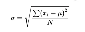 Population standard deviation formula: sigma equals the square root of the sum of each value minus the mean, squared, divided by N